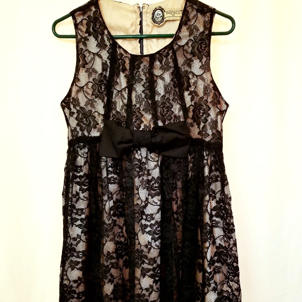 Nude Pink and Black Lace Bow Dress, Medium!